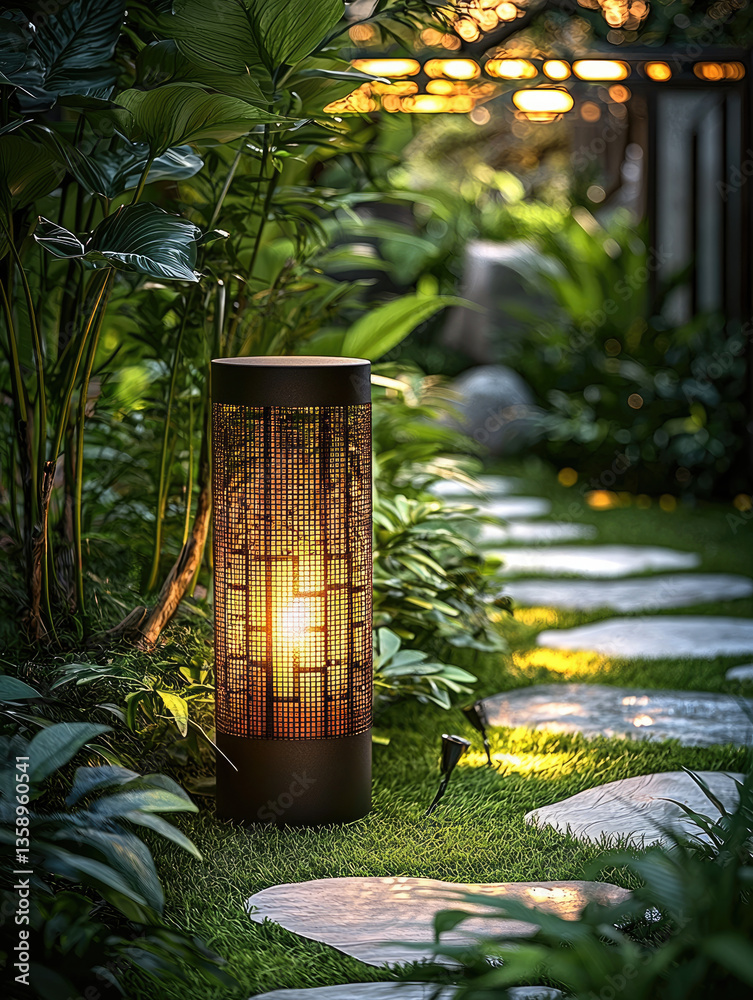 Poster modern garden scene featuring stylish outdoor lamp illuminating pathway surrounded by lush greenery.