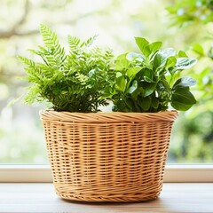 Fototapeta premium eco wicker basket in green nature light surrounded by sun reflections and garden vegetation in rustic design with natural craftsmanship and environmental lifestyle setting