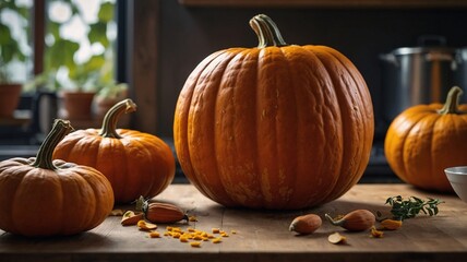 A vibrant display of large orange pumpkins on a wooden kitchen table, surrounded by smaller pumpkins and seeds, evoking autumn warmth.