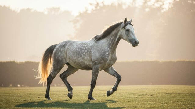 A dapple-grey horse trots across a grassy field, Soft morning light illuminates the animal, backgrounded by hazy trees, Grace, strength, natural beauty, movement,