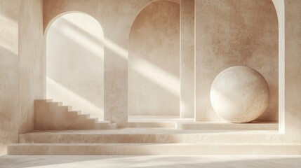 Fototapeta premium Serene architectural scene with arches staircase and a sphere creating a minimalist and modern aesthetic bathed in warm light ambiance