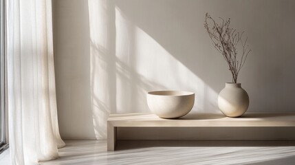 Minimalist interior with white vases and dried branches in soft sunlight.