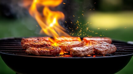 Grill with meat on it and a lot of smoke coming out of it. The meat is sizzling and the smoke is making it look like it's on fire