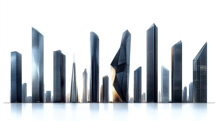 Fototapeta premium A group of sleek skyscraper silhouettes with distinctive shapes, from angular facades to smooth curved designs, isolated on white. 