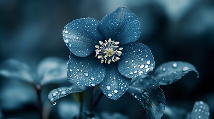 Serene Blue Hellebore Flower with Dew Drops