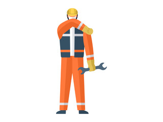 Orange safety gear and a hard hat holds a wrench. The workers attire includes reflective stripes for high visibility. Ideal for construction industry, safety training, toolbox. Covers his mouth