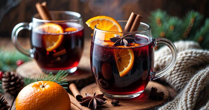 A cup of steaming red mulled wine infused with spices, including cinnamon, orange, and star anise.
