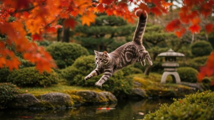 Fototapeta premium Tabby cat leaps over pond in serene Japanese garden with vibrant autumn foliage, evoking a sense of peace, Stone lantern and meticulously pruned shrubs enrich scene,