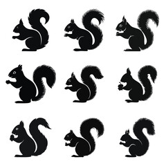 Set of Silhouettes of Adorable Squirrels