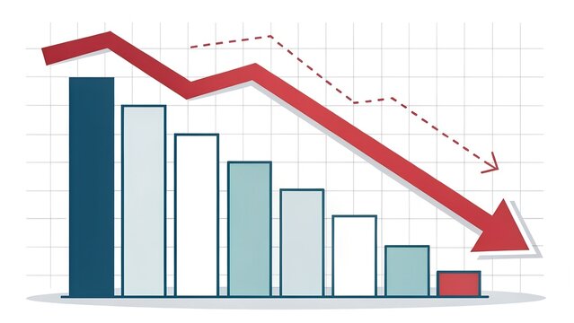 he image depicts a downward-trending bar graph overlaid with a red arrow