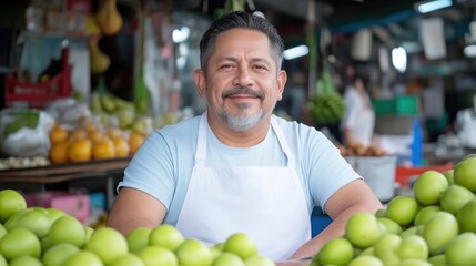 Fototapeta premium Friendly market vendor smiles at camera. A mature man stands behind a stall overflowing with fresh produce