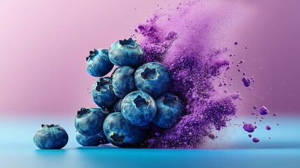 Bunch of blueberries are scattered on a blue background. The blueberries are surrounded by purple powder, giving the impression of a blueberry explosion. Concept of excitement and energy