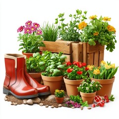 rustic gardening tools with potted plants and rain boots on wooden surface visualizing home garden lifestyle plant cultivation and decorative horticulture equipment scene