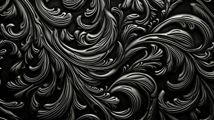 Dark Elegance: A mesmerizing dance of embossed, swirling, black floral patterns in a rich, deep texture.
