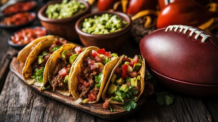 Tacos and football: a delicious game-day spread with guacamole and salsa. Use this image for Super Bowl, tailgate party, or sports-themed promotions.