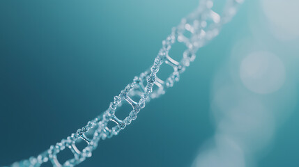 A close-up shot of a single DNA strand on a blue background, ideal for medical or scientific illustrations