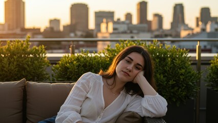 Fototapeta premium Young Caucasian woman relaxes on an outdoor sofa against a city skyline during golden hour, Calm mood with warm light; city lifestyle concept, Plants visible,