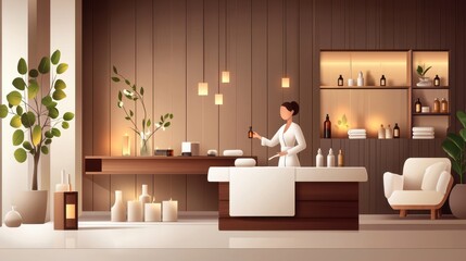 Spa Worker Preparing Essential Oils in a Tranquil Wellness Environment with Soft Lighting and Natural Elements