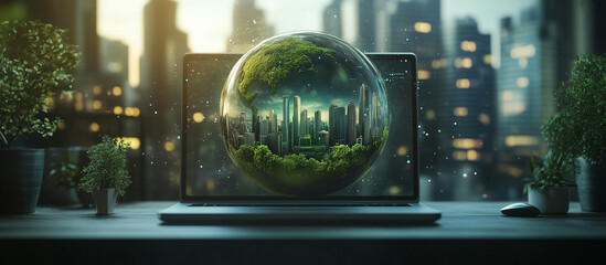 Corporate Sustainability Reporting Directive (CSRD) Concept, Sustainable Cityscape Eco Friendly Urban Environment on Laptop Screen