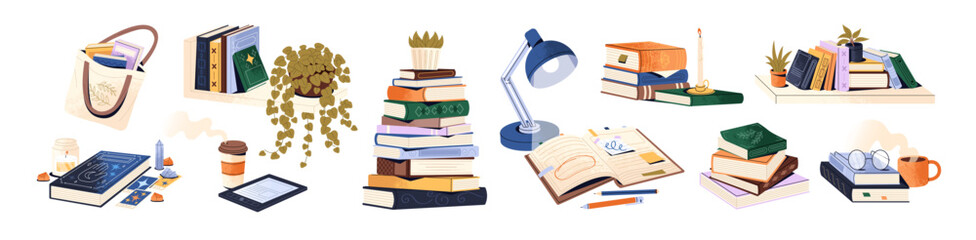 Set of paper and e books. Piles of textbooks for learning. Heaps of fiction literature for reading. Different stories, novels are on shelves. Flat isolated vector illustrations on white background.