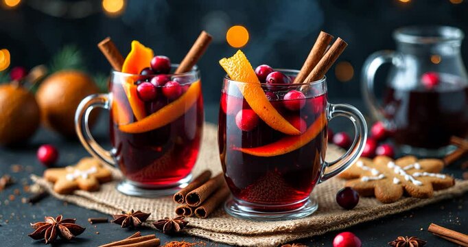 Christmas ambiance at home. Comforting and soothing winter beverage. Warm mulled wine, delicious holiday treats and spices.