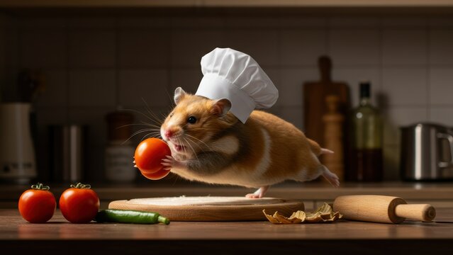 Hamster chef in kitchen setting wearing hat holds tomato, Vegetables placed on cutting board, rolling pin, Warm lighting highlights culinary arts, whimsy, humor,