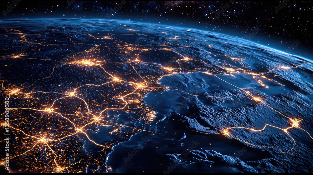 Poster stunning view of earth from space, showcasing illuminated cities and intricate networks of roads and