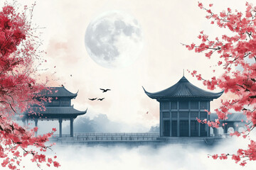 Ink wash painting with pagoda temple and foggy mountains. Chinese landscape with traditional architecture, lake and mist