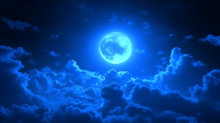 Bright full moon in a blue night sky.