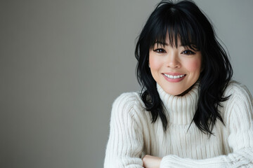 Fototapeta premium Smiling woman with dark hair wearing a cozy white turtleneck sweater