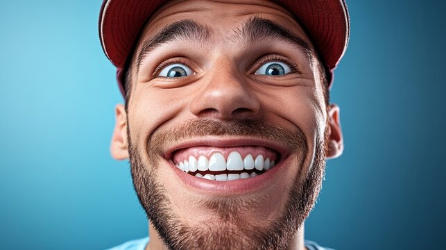 Man with a red hat and a big smile on his face. He has a lot of teeth and is looking at the camera