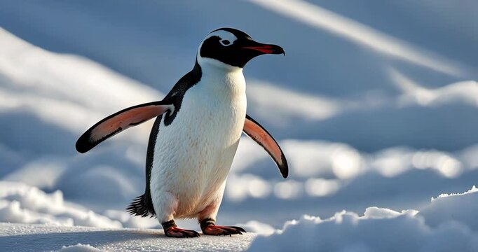 Close-up image of a single penguin in the snow with one foot lifted, wings spread, gazing at the camera with its beak visible against a white backdrop.