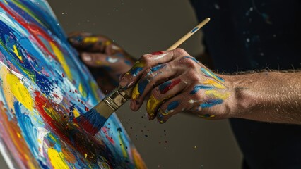 Obraz premium Close-up of an artist's hands covered with paint, The artist is painting on canvas with a brush, in studio, artistic expression and creativity are highlighted,