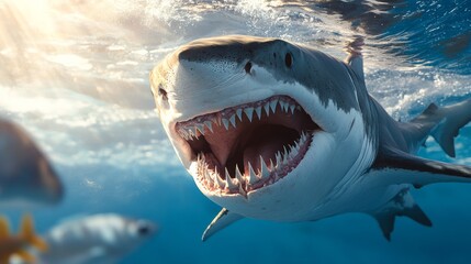 Fototapeta premium Shark is swimming in the ocean with its mouth wide open. The shark is surrounded by other fish, but it is the main focus of the image. Scene is intense and powerful, as the shark's large teeth