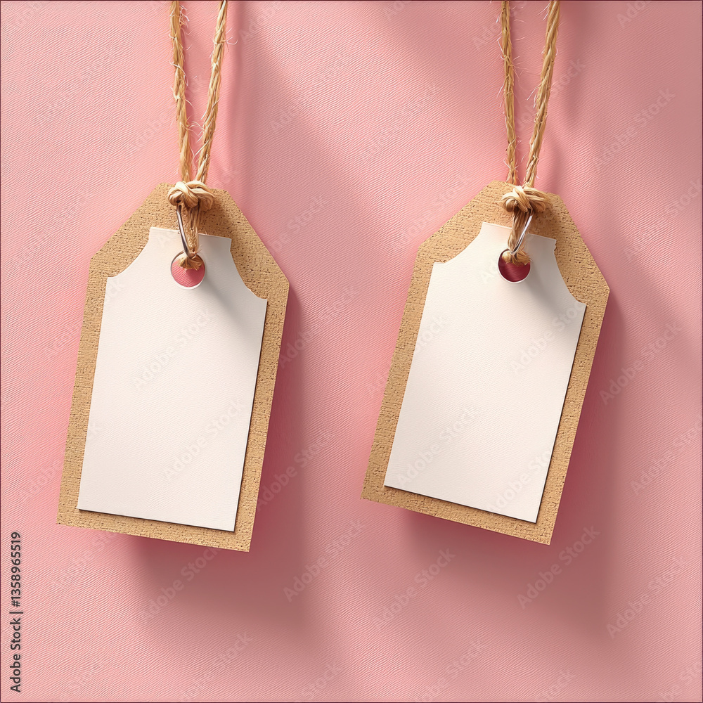 Poster two blank tags hanging on pink background, perfect for labeling or pricing items, adding touch of el
