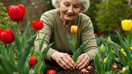Shot of Caucasian senior woman gardening outdoors, planting flower bulbs in a flowerbed full of colorful tulips, Natural lighting creates a warm, content atmosphere, Springtime,