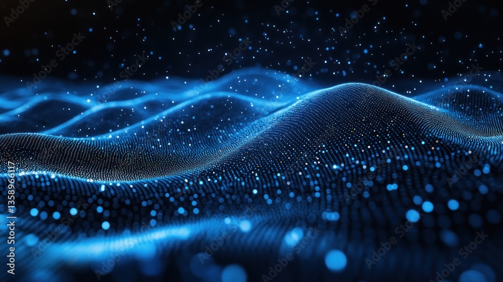 Poster immersive digital landscape featuring glowing blue particle waves and bokeh simulating abstract data
