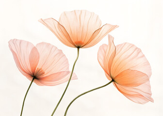 Three translucent peach poppies on a light background