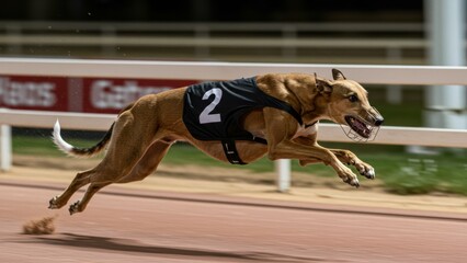 Tan greyhound dog wearing racing muzzle and number '2' vest during a race, The dog is running fast on outdoor racetrack, Focused determination, A high-speed sport,