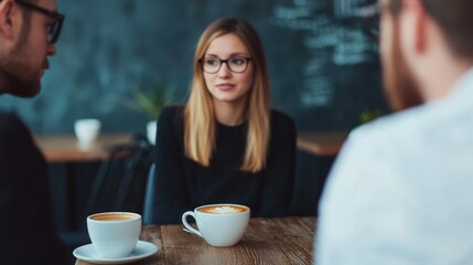 Business team discussion during travel over coffee office setting professional environment engaging viewpoint