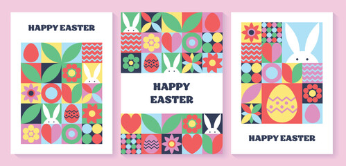 Set of geometric Easter greeting card. Abstract background with bunny, egg and flower. Vector illustration
