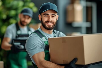 Man wearing a blue hat and a green vest is holding a brown cardboard box. He is smiling and he is happy