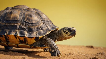 Fototapeta premium A close-up of a tortoise slowly moving across a sandy surface, highlighting its textured shell and peaceful demeanor.