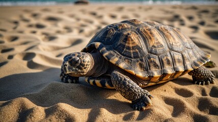 Obraz premium A close-up of a turtle basking on golden sand, capturing a serene moment in nature.