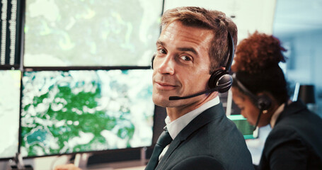 Man, meteorology and monitor for weather, forecast or voip headset at contact center, system and...