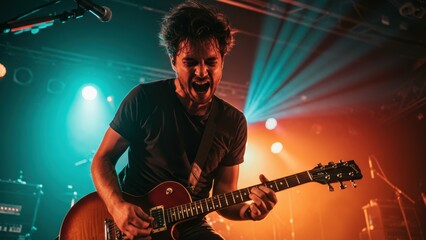 Excited Caucasian man in his 20s playing electric guitar during live concert, Stage lighting creates dynamic atmosphere, showcasing passion, Performing arts, music lifestyle,
