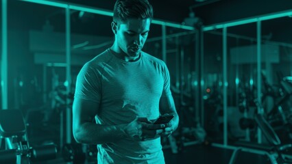 Fototapeta na wymiar Athletic Caucasian man in gym uses mobile device in moody, teal lighting, Checking messages or social media during workout recovery, Modern lifestyle and technology,