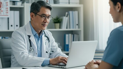 Fototapeta premium In a bright office, an Asian male doctor types on a laptop while consulting with a female patient, Focus is on digital health records and patient care,
