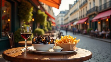 Mussels, Fries, and Wine at a Parisian Cafe