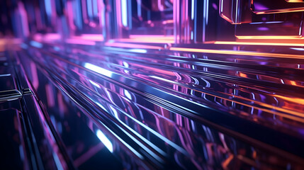 Obraz premium A journey through a vibrant, neon-lit cityscape, reflecting futuristic architecture and sleek, metallic surfaces in dazzling purple and orange hues.